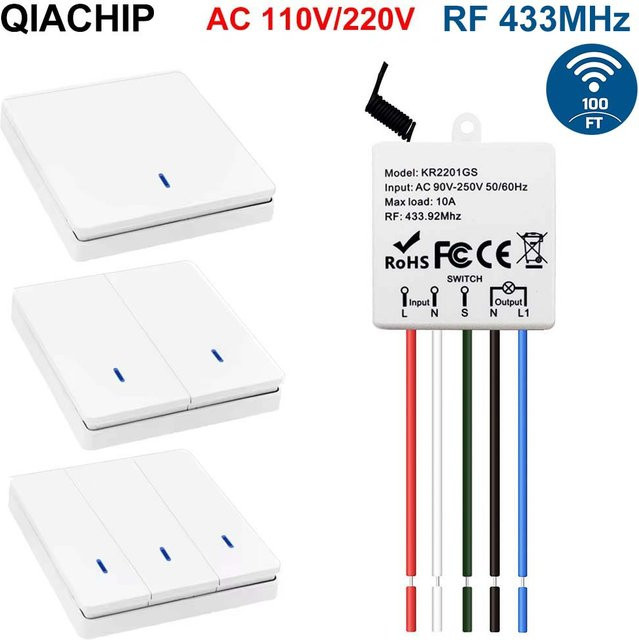 QIACHIP Drahtloser Lichtschalter 433 MHz RF Fernbedienung Wandschalter für Deckenleuchten und Lampen, Farbe: Weiß - Bild 1