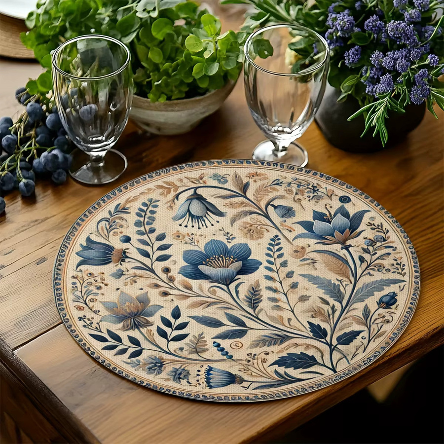 VIKAMA 4er Set runde Tischsets mit blau-weißem floralem Design für Esszimmer und Küche - Bild 2