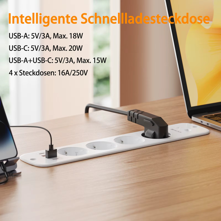 HITRENDS 8-in-1 Multifunktionale Smart-Steckdosenleiste in Weiß mit 4 AC-Anschlüssen, 4 USB-Anschlüssen inklusive 2 Typ-C und 2 Meter Verlängerungskabel mit Sicherheitsschutz - Bild 2