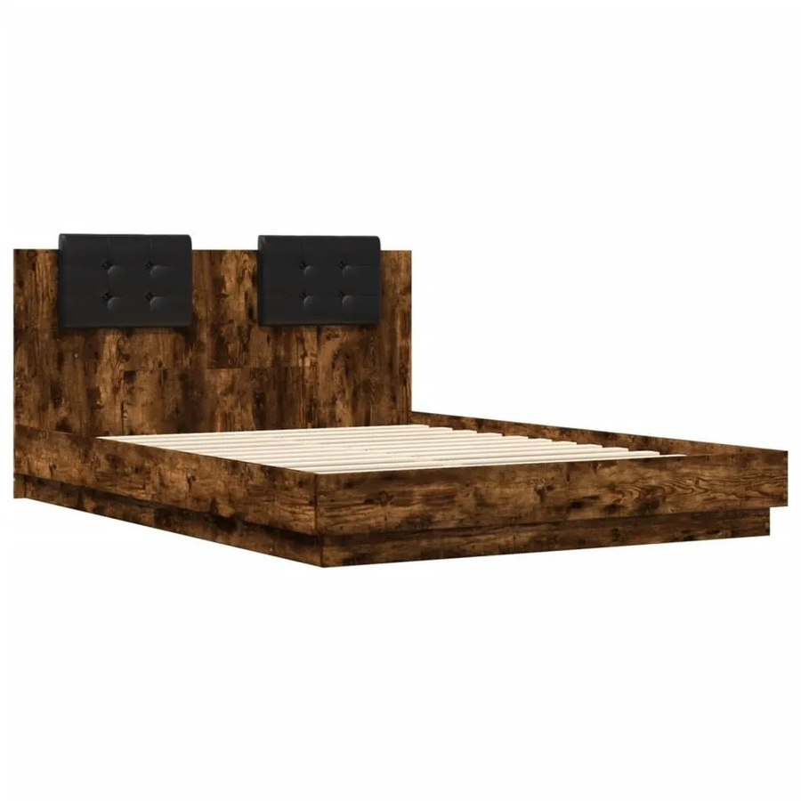 vidaXL Bettgestell mit Kopfteil, LED-Leuchten und USB-Ladeport in Räuchereiche Braun, B: 140-160 cm, H: 143 cm, T: 203 cm - Bild 2