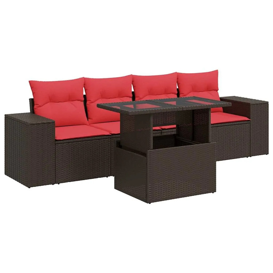 vidaXL 5-teilige Garten-Sofagarnitur in L-Form aus braunem Polyrattan und Akazie mit Tisch und Polsterkissen - Bild 2