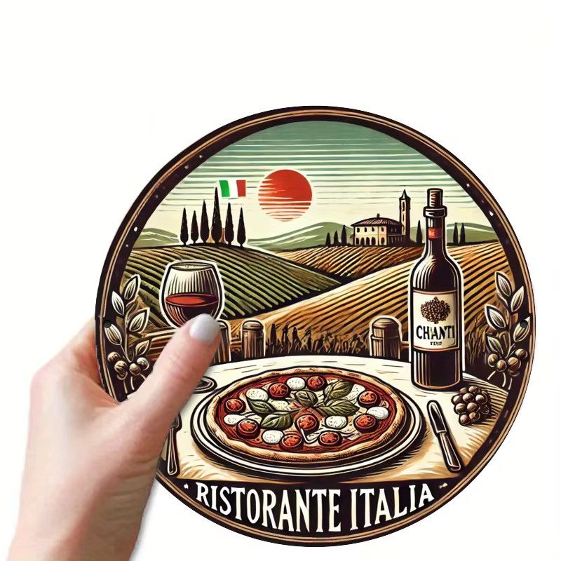 Potdemiel Metallwandkunst Italienische Küche Rundes Eisenschild mit Pizza, Wein und Chianti-Flaschen Design, Durchmesser: 20,32 cm - Bild 4