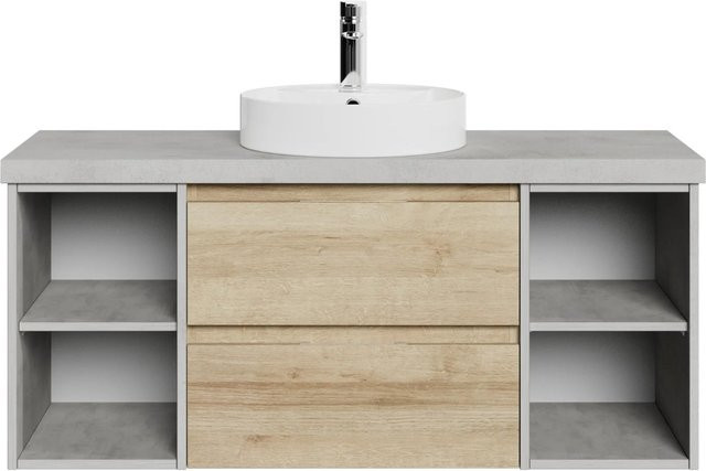 Pelipal Waschtischlösung Serie 4035 in Oxid Hellgrau und Riviera Eiche mit rundem Keramik-Aufsatzbecken und Unterschrank, B/T/H: 118,0 x 44,5 x 43,5 cm - Bild 1