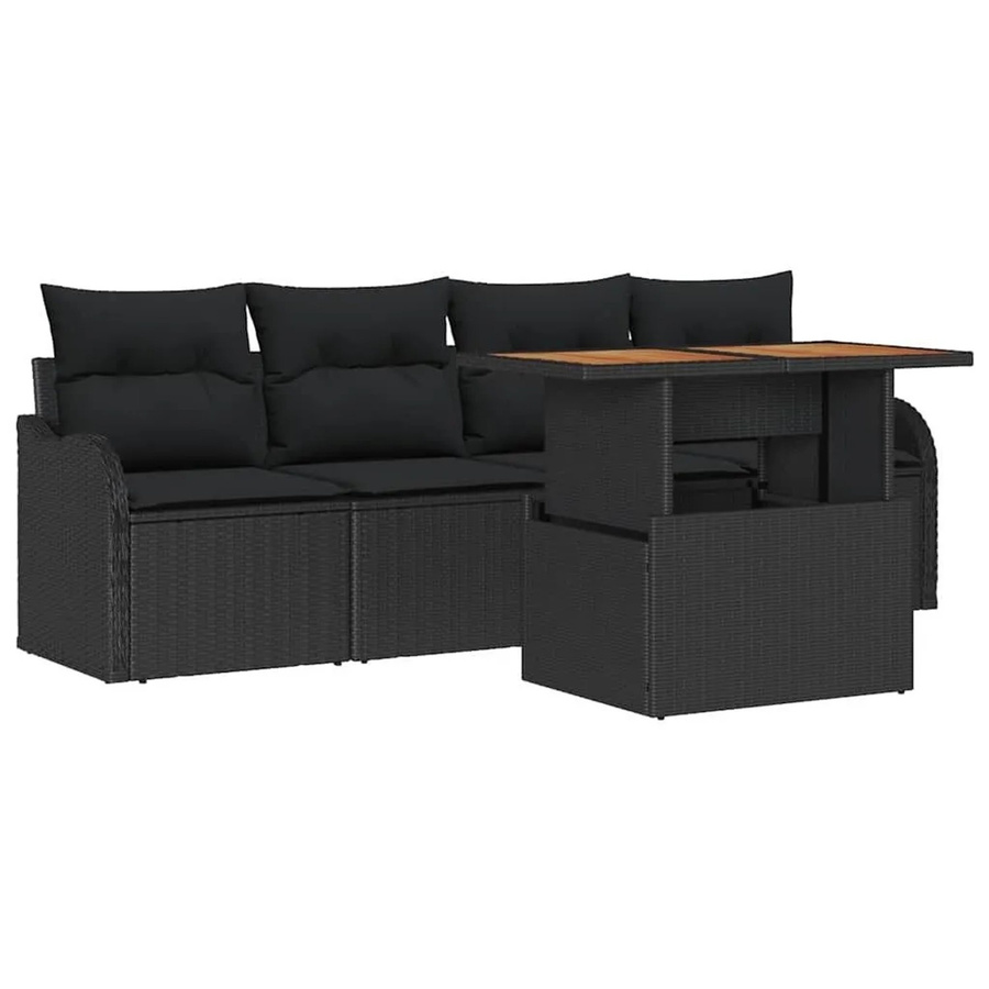 vidaXL Gartensofa-Set aus Poly-Rattan und Akazienholz in Schwarz mit 5 Teilen und Kissen - Bild 2