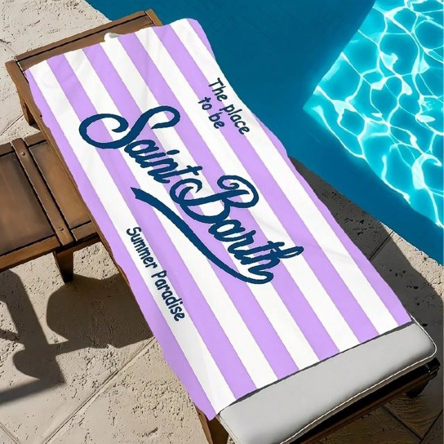 Saint Barth Strandtuch Lila-Weiß Gestreift mit Buchstabendruck Schnelltrocknend - Bild 1