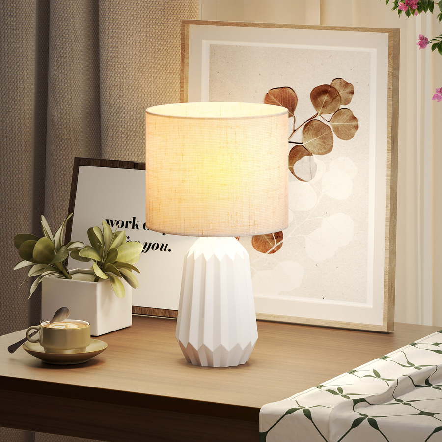 HOMCOM Tischlampe mit Keramikfuß und Leinenschirm in Weiß und Beige, Retro-Nachttischlampe für Schlafzimmer und Wohnzimmer, E27, 40W - Bild 2