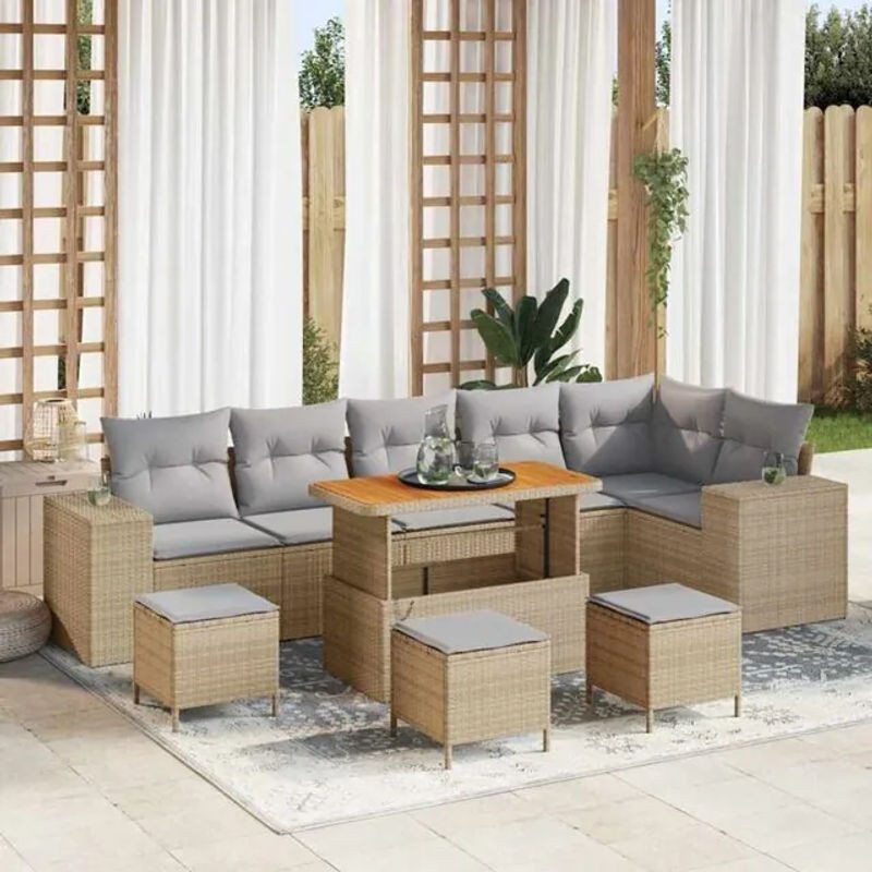 vidaXL Garten-Sofa-Set aus Poly-Rattan in Beige, 10-teiliges modulares Loungemöbel-Set mit Fußhockern und gepolsterten Kissen - Bild 1