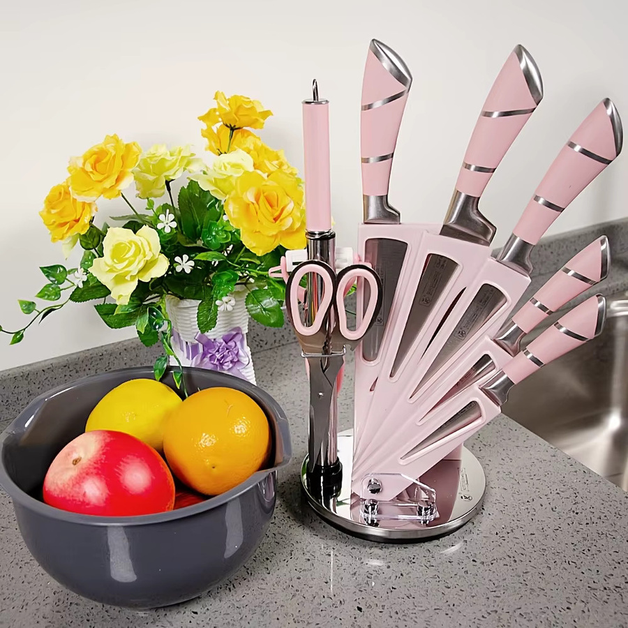 MDHAND 9-teiliges Küchenmesser-Set in Pink mit Acrylständer inklusive Chefmesser, Brotmesser, Schälmesser, Küchenschere, Messerschleifer und Hackmesser - Bild 2