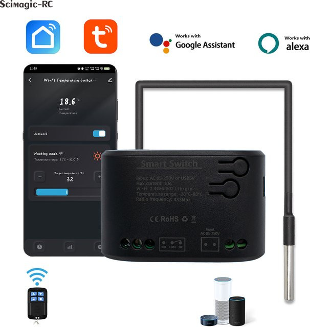 Tuya Smart WiFi Temperaturschalter 10A 220V in Schwarz mit 2000W Leistung, intelligenter Thermostat Controller kompatibel mit Alexa und Google Home sowie 433MHz RF - Bild 1