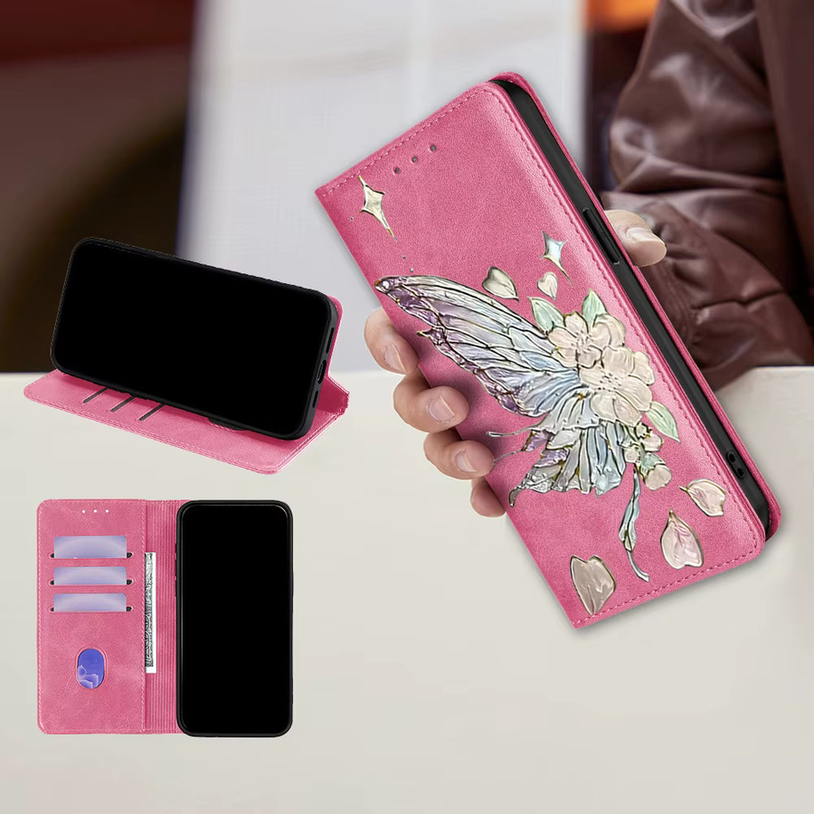 Magnetische Flip-Hülle mit Schmetterlings-Muster und Kartenfächern für Samsung Galaxy M55 M35 M54 M53 M51 M52 M33 M34 M22 C55 inklusive Holster in Pink - Bild 2