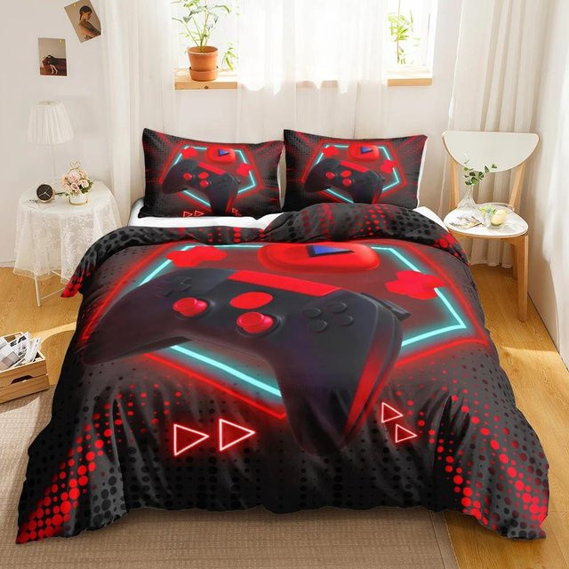 Jinmeige Gaming Bettwäsche-Set mit Gamepad-Motiv in Schwarz und Multicolour, bestehend aus 1x Bettbezug und 1x Kissenbezug aus Polyester, B/T/H: 135 x 200 cm - Bild 1