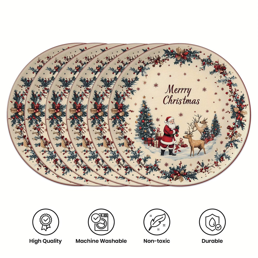 VIKAMA 6er Set Weihnachts Tischsets aus Leinen mit Rentier, Stechpalmenblättern und roten Beeren in Rot und Mehrfarbig, B/T: 38 x 38 cm - Bild 2