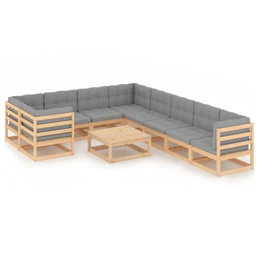 vidaXL 10-teiliges Garten-Lounge-Set aus massivem Kiefernholz in L-Form mit grauen Polsterkissen - Bild 2