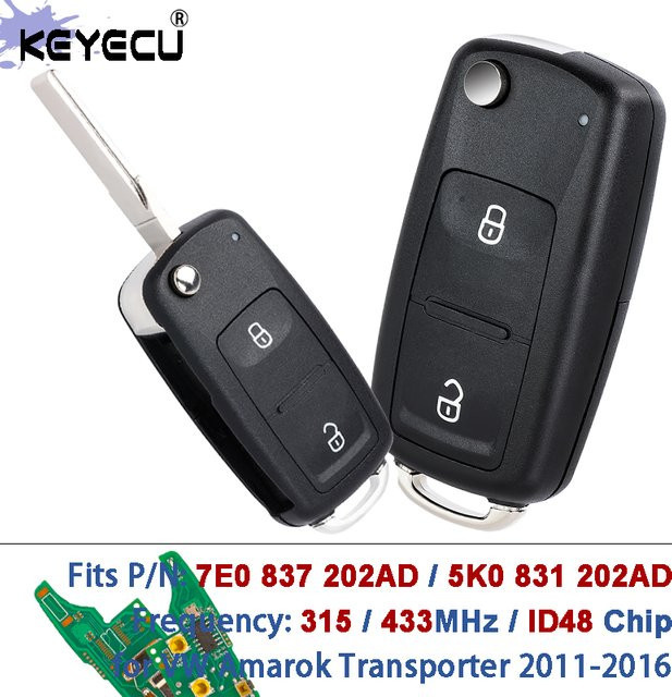 KEYECU Klappbarer Fernbedienungsschlüssel mit ID48 Chip für Volkswagen Amarok und Transporter, Farbe: Schwarz, 315MHz/433MHz - Bild 1