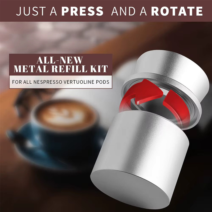 Wiederverwendbares Metallkapsel-Füllwerkzeug Set aus Aluminium in Silber, kompatibel mit Nespresso Vertuoline, inklusive Aluminium-Rack, Pinsel und Löffel - Bild 3