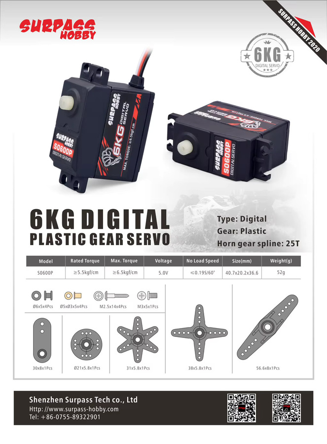 Surpass Hobby Digital Servo S0600P/S0600M, Metall/Kunststoff-Getriebe - Bild 2