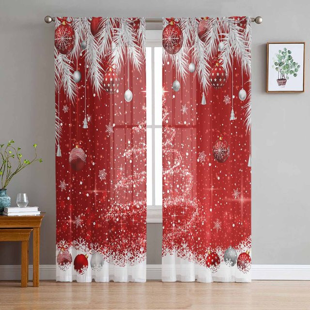 Transparenter Tüll-Vorhang mit Weihnachtsdesign in Rot und Braun, Breite: 135 cm, Höhe: 115 cm - Bild 1