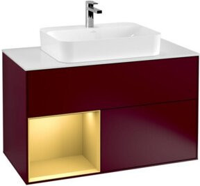 V&B Waschtischunterschrank Finion 100 mit Wandbeleuchtung in Weiß Hochglanz und goldenen Regalelementen links, B/T/H: 100 x 50,1 x 50,1 cm - Bild 1