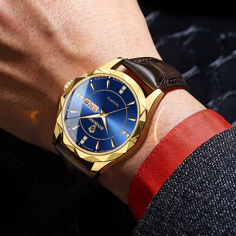BINBOND Armbanduhr Quarz, Leder, Blau, Gold, Herren - Bild 4