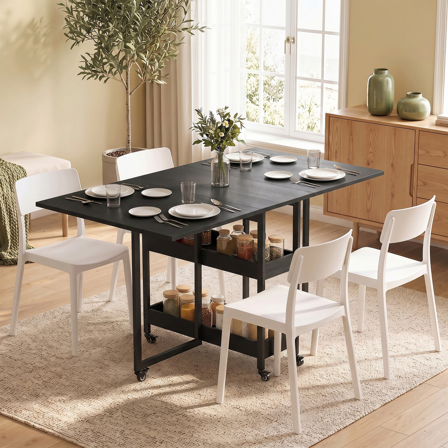 HOMCOM Klappbarer Esstisch mit Rollen und 2 Ablagen für die Küche, Schwarz, B/T/H: 133,4 x 80 x 75 cm - Bild 2