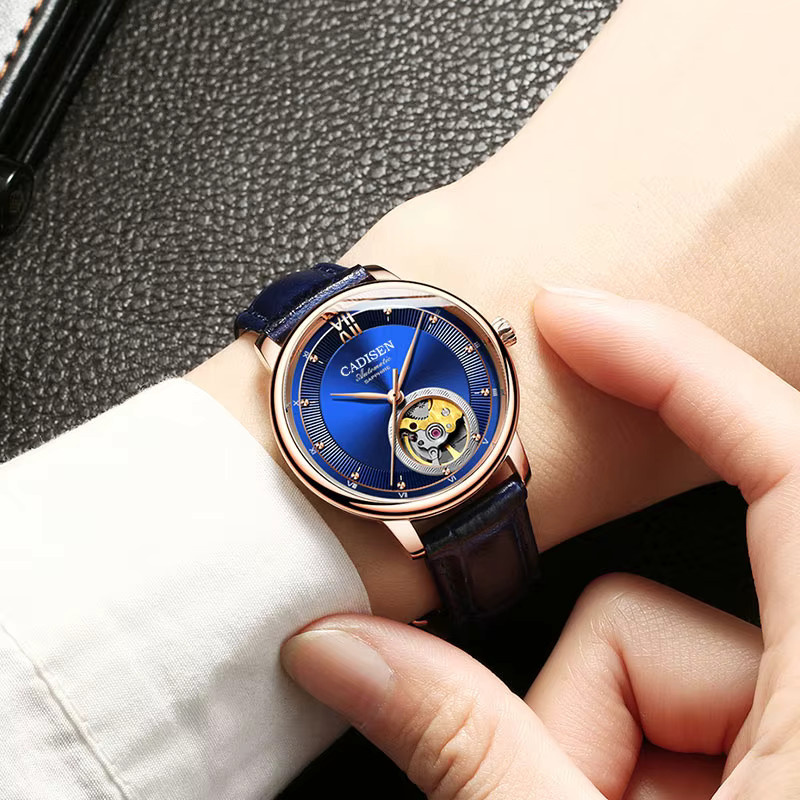 CADISEN Armbanduhr Automatik, Roségold, Blau, Leder, Herren - Bild 3