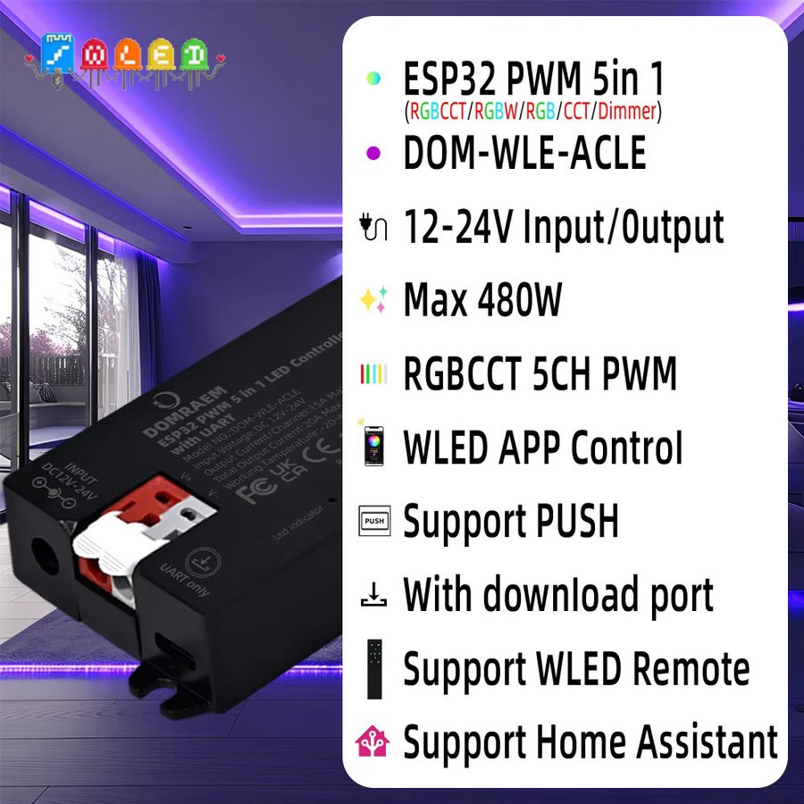 Domraem 5-in-1 ESP32 WLED-Controller mit PWM-Dimmung und UART, kompatibel mit Alexa, für RGB, RGBW, CCT und RGBCCT LED-Streifen, Farbe: Gelb - Bild 2