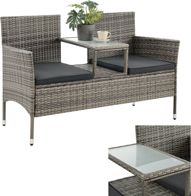 Juskys Polyrattan Gartenbank Monaco 2-Sitzer mit Tisch und Kissen, grau-meliert, B/T/H: 133 x 63 x 84 cm - Bild 1