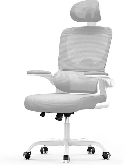Rattantree Ergonomischer Drehstuhl in Grau mit Kopfstütze, Klapparmlehnen und Wippfunktion aus Netzgewebe und Aluminium - Bild 1