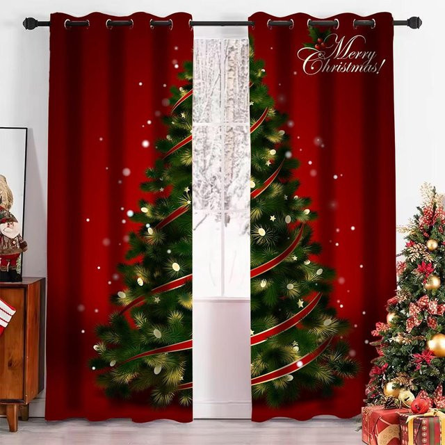 Weihnachtsbaum Cartoon Weihnachtsmann Fenster Vorhänge Rot, 2er Set mit Haken, B: 60 cm, H: 60 cm - Bild 1
