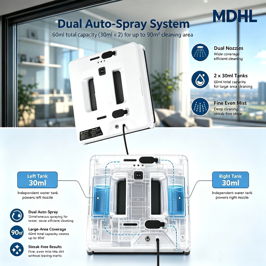 MDHL Fensterputzroboter in Weiß mit 9000Pa Saugkraft, bürstenlosem Motor, Doppel-Düsen Ultraschallvernebelung und Smart Navigation - Bild 5