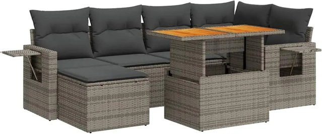 vidaXL 7-teilige Garten-Sofagarnitur in L-Form aus Poly-Rattan und Akazienholz in Grau mit UV-beständigen Kissen - Bild 1