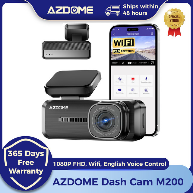AZDOME Dash Cam M200 Full HD 1080P mit Wifi, Englisch Sprachsteuerung, Nachtsicht, G-Sensor und 24H Parkplatz-Monitor, Schwarz - Bild 1