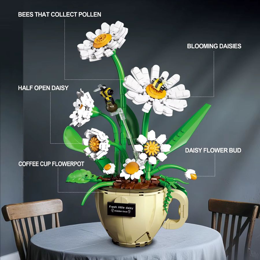 Kreatives MOC Modell Bausteine Set mit Kaffee Tasse und Gänseblümchen Bouquet als dekoratives Topfpflanzen-Ornament aus Kunststoff - Bild 4