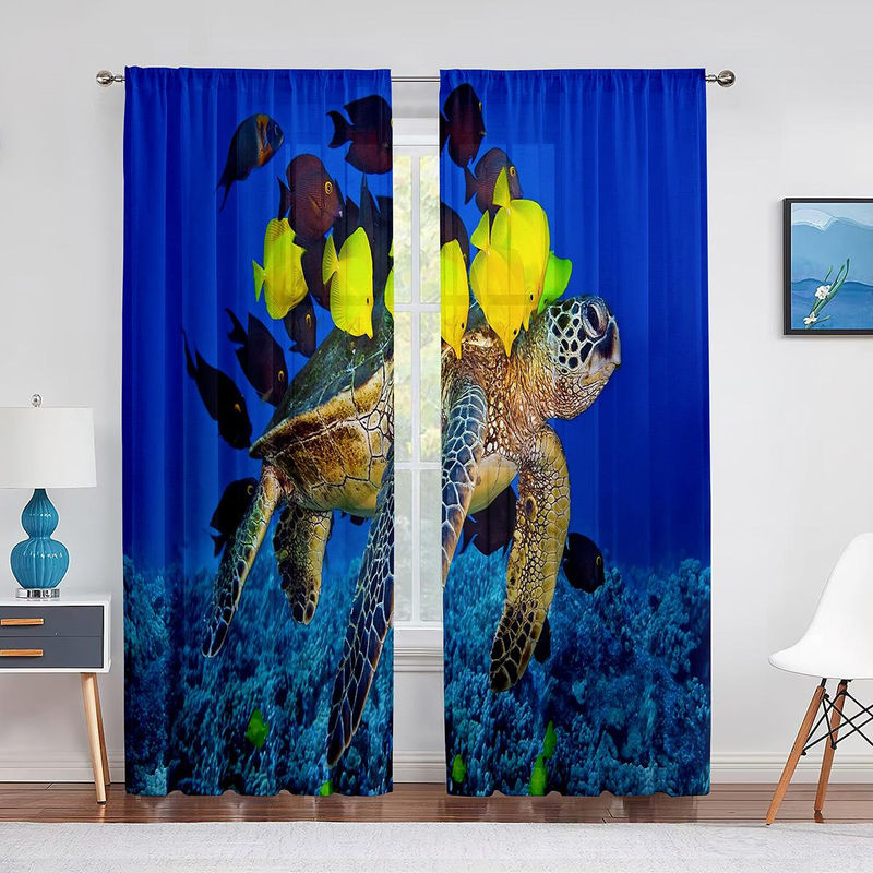 Super Six Transparenter Tüllvorhang mit Unterwasser-Motiv Meeresschildkröte und Delfin in Blau, Breite: 100 cm, Höhe: 250 cm - Bild 2