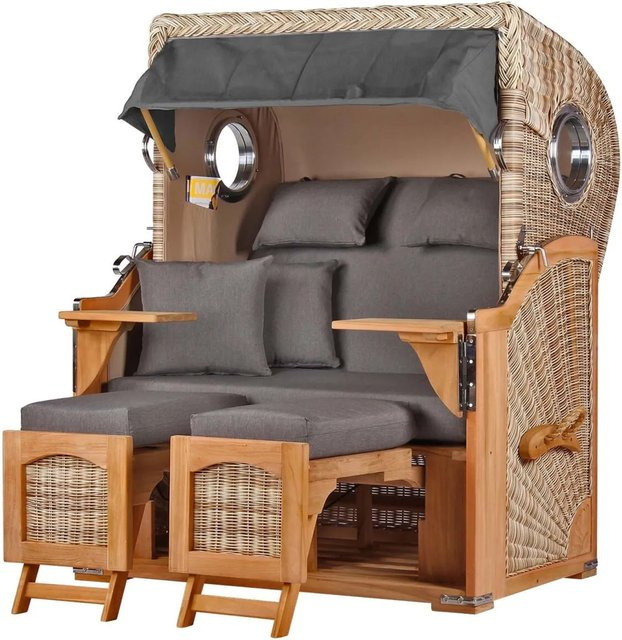 Bene Living Strandkorb Komplettset Ammersee Teak Bullauge PE Shell Modell 551 in Braun und Grau - Bild 1