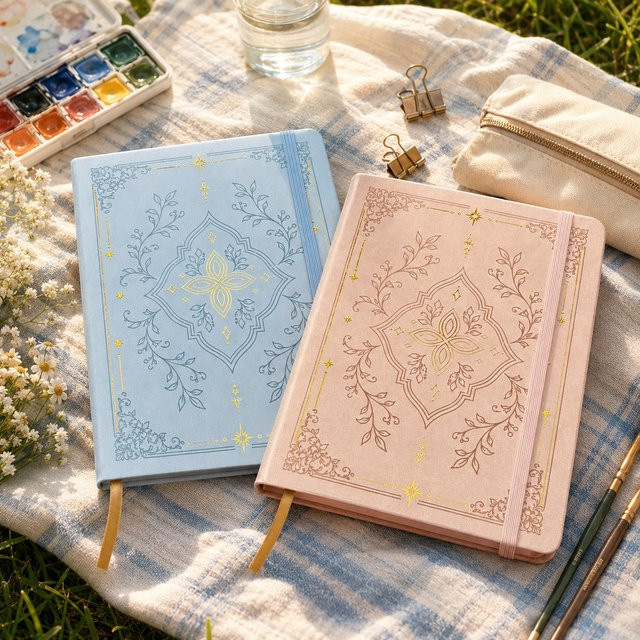 Buke Notebook A5 Notizbuch mit Punktraster und Goldfolien-Blumenmuster in Hardcover, Botanisches Design mit nummerierten Seiten, Elfenbeinfarben - Bild 1