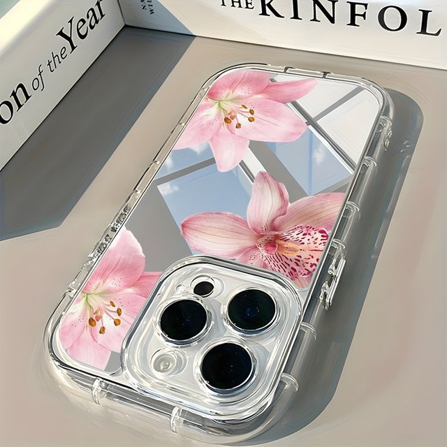 Stoßfeste Handyhülle mit rosa Lilien-Muster und Spiegeleffekt für Apple iPhone, Farbe: Pink/Transparent - Bild 1