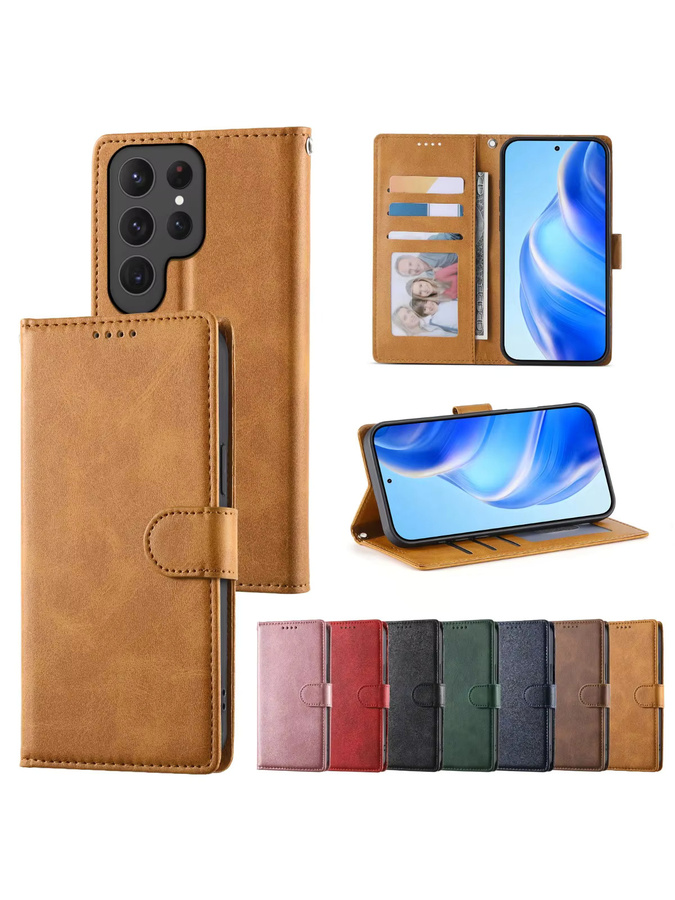 Business Leder Flip Hülle für Samsung Galaxy S25 S26 Ultra S24 FE S23 S22 S21 Plus A17 A37 A57 A36 A56 A16 A26 mit Kartenfächern und Geldbörse in Rot und Braun - Bild 7