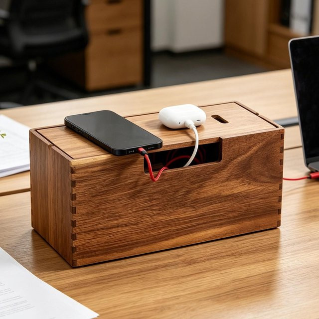 Kabelorganisator-Box aus Holz in Braun und Rot zur Kabelaufbewahrung für Zuhause und Büro - Bild 1