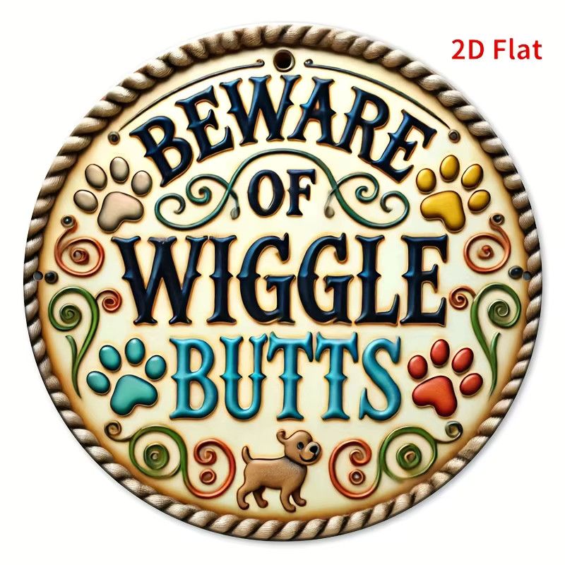Potdemiel Vintage-Metallschild Beware of Wiggly Butts mit Hundepfotenabdrücken, runde Wandkunst aus Eisen, Durchmesser: 20,3 cm - Bild 5