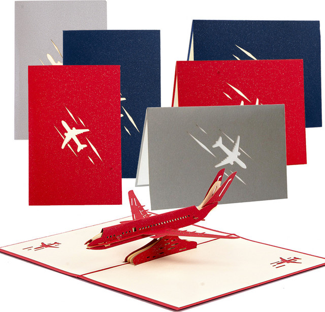 XJM 3D-Flugzeug-Grußkarte aus Papier, handgefertigte Papierschnitzerei als faltbares Ornament für Geburtstage, in Rot und Multicolour - Bild 1