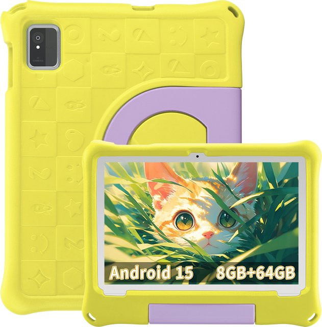 Paitanry Kinder-Tablet mit Android 15, 10,1 Zoll HD Display, 8GB RAM, 64GB ROM, 1TB erweiterbar, WiFi6, 2MP+5MP Kamera, Gelb - Bild 1