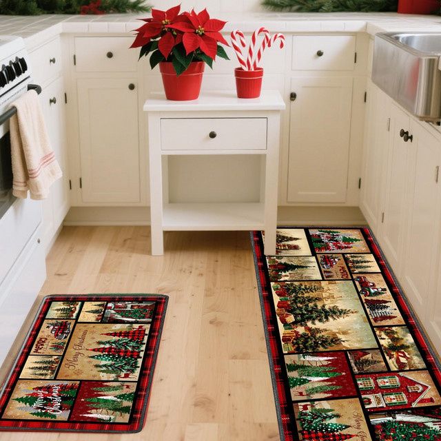 VIKAMA 2-teiliges Weihnachtsteppich-Set im amerikanischen Stil, rutschfeste Druckteppiche in Multicolor für Wohnzimmer, Schlafzimmer und Küche - Bild 1