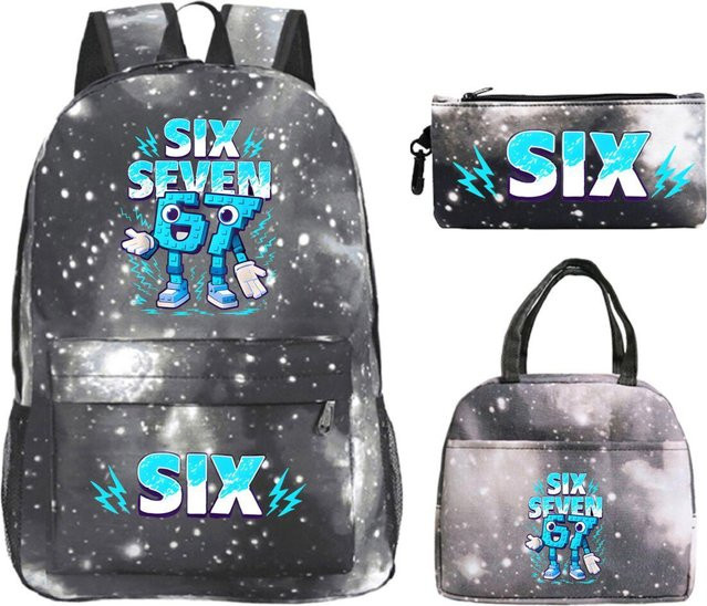 Six Seven Schulset 3-teilig aus Nylon in Schwarz mit lustigem Print für Teenager und Kinder bestehend aus Rucksack, Lunchtasche und Federmäppchen - Bild 1
