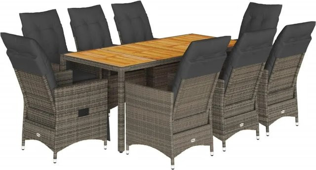 vidaXL 9-teilige Garten-Essgruppe aus Poly Rattan und Akazienholz in Grau mit Kissen - Bild 1