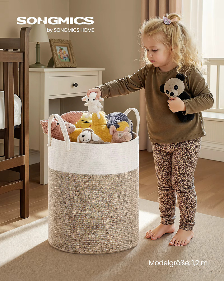 SONGMICS Wäschekorb mit 60 l Fassungsvermögen aus Baumwolle in Weiß-Graubraun mit Henkeln für das Kinderzimmer - Bild 2