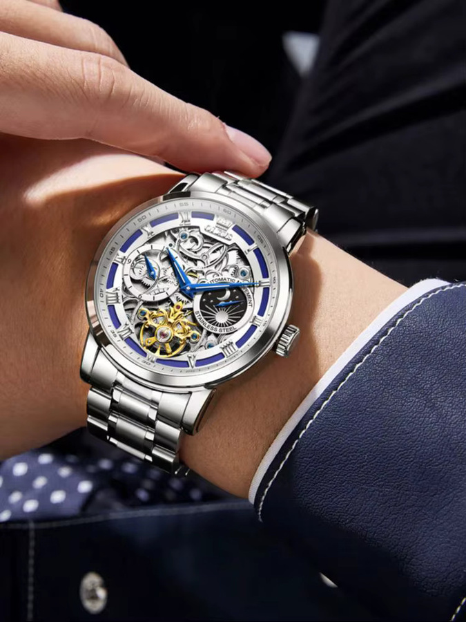 OLEVS Herrenuhr, Skeleton, Mechanisch, Mondphase, Edelstahl, Silber - Bild 5