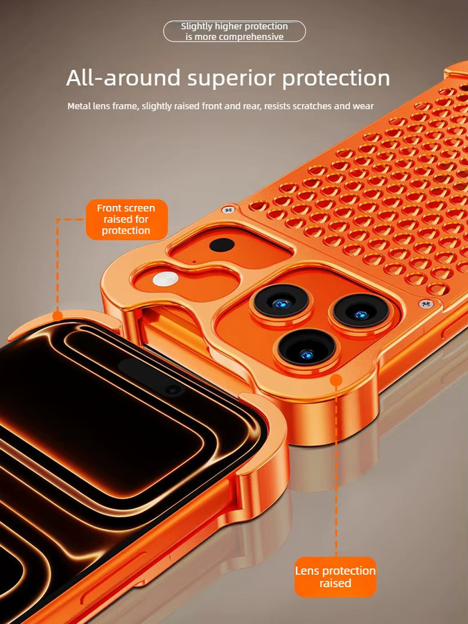 BeisFun Vollmetall-Legierung Handyhülle mit Wabenstruktur für iPhone 17 Air, iPhone 16 und iPhone 15 Pro Max, stoßfester Rahmenloser Schutz, Schwarz und Orange - Bild 4