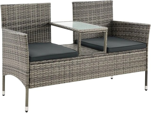 Juskys Polyrattan Gartenbank Monaco 2-Sitzer mit Tisch und Kissen, grau-meliert, B/T/H: 133 x 63 x 84 cm - Bild 2