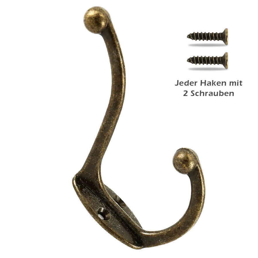 5er Set Doppel Mantel Haken Wandmontage aus Metall in Bronze, Rutschfeste Kleiderhaken für Badezimmer und Tür im Retro-Design - Bild 2